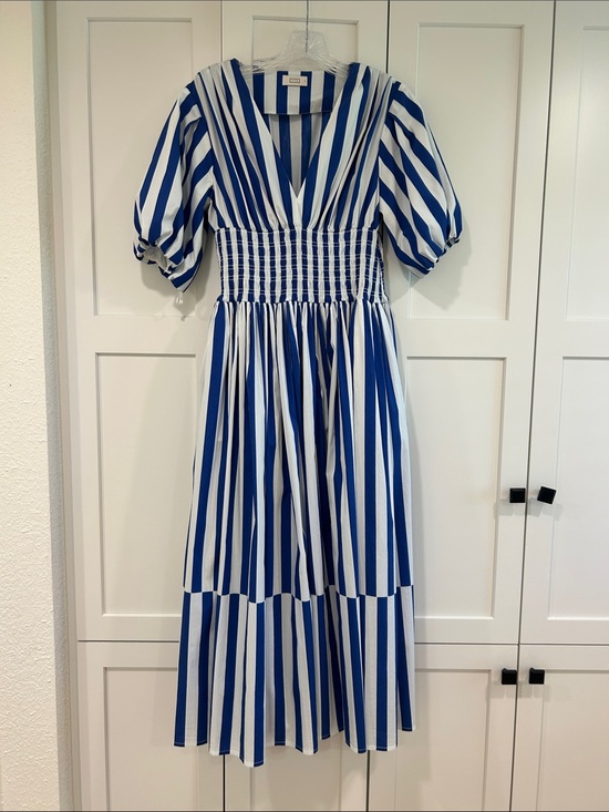 AYR Dresses & Skirts - Blue & White Striped Midi Dress with Smocked Waist